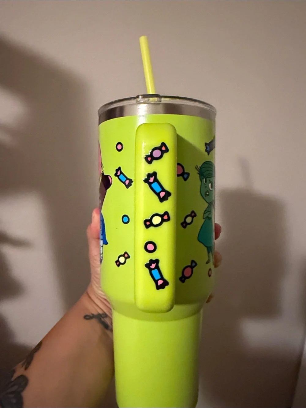 Neon Green Cartoon Stainless Steel Travel Tumbler with Handle and Straw
